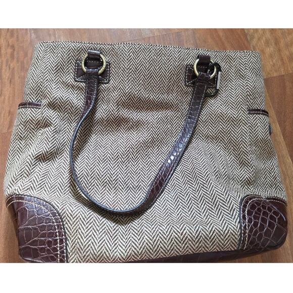 Chaps Dark Brown Herringbone Satchet Bag Purse Double Straps - Picture 1 of 9